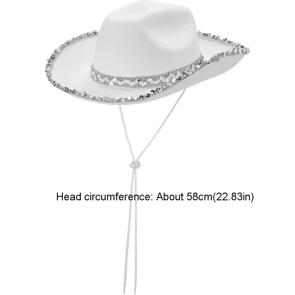 Wide Brim Sequin Cowgirl Hat – Furry Trim Western Style Western Cowgirl Hat PLUSH