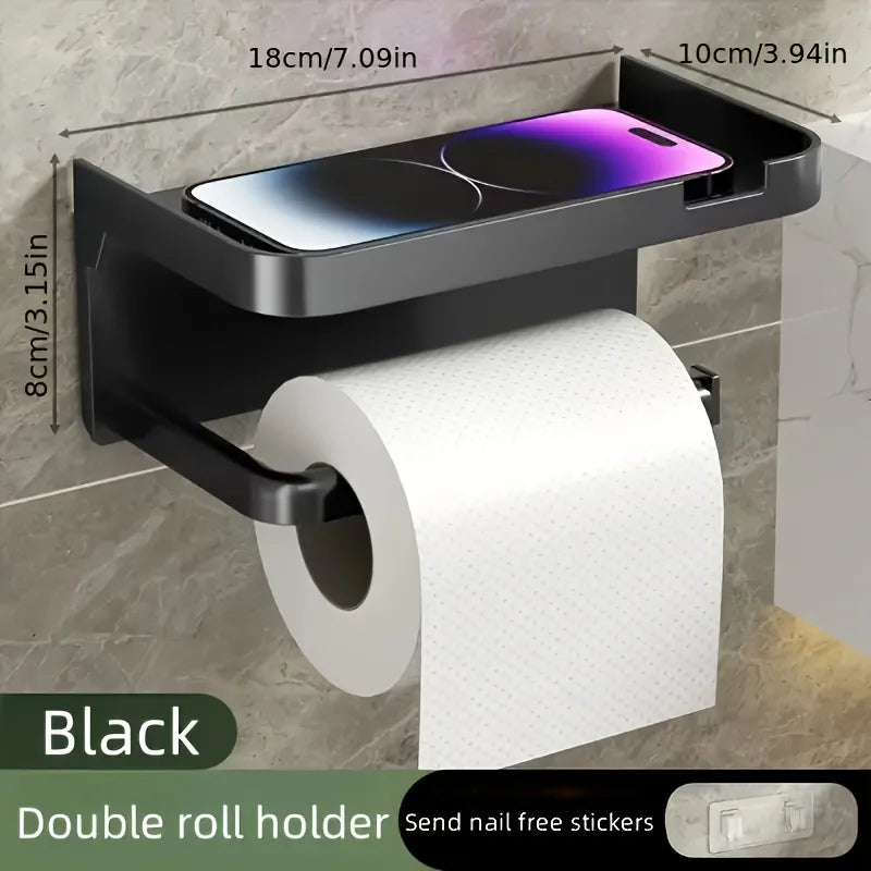Wall-Mounted Toilet Paper Holder & Storage Rack – Black Toilet Paper Holder PLUSH black