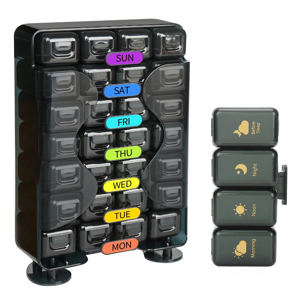 Weekly Pill Organizer 4x Daily – 7-Day Travel Pill Case Pill Organizer Case PLUSH Black