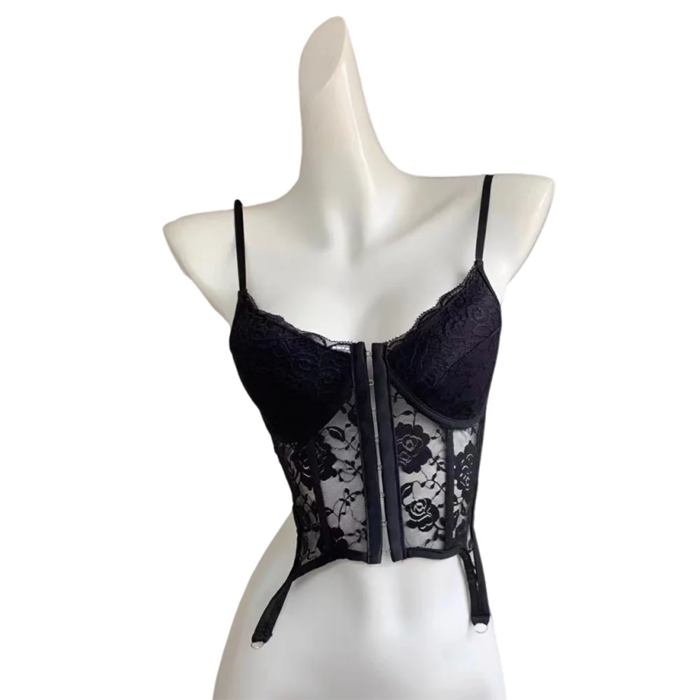 Y2K V-Neck Lace Corset Camisole Top | Adjustable Straps Lace Corset Camisole PLUSH Black M
