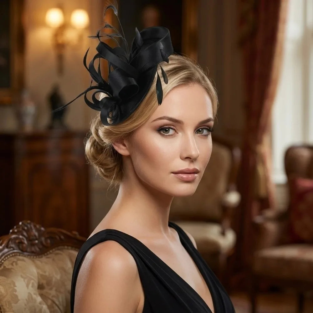 Sweet Bow Feather Fascinator Headband | Tea Party Hair Hoop Fascinator Headband PLUSH