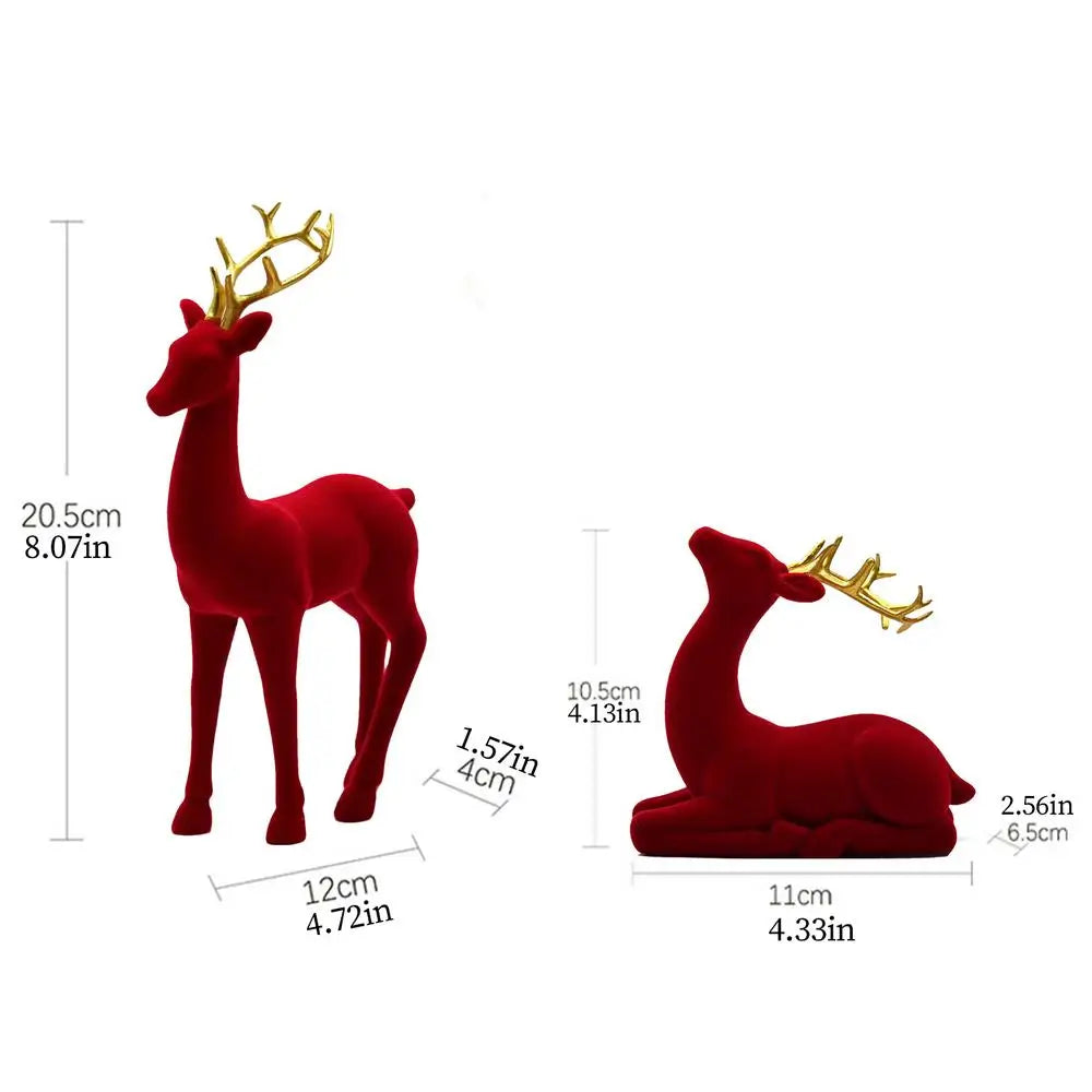 Christmas Reindeer Figurines 2Pcs Flocked Deer Tabletop Decor Christmas Figurines PLUSH Red 2Pcs