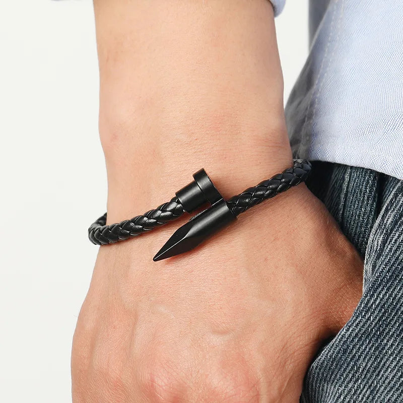 Men's Leather Rope Braided Bangle – Magnetic Alloy Buckle Leather Braided Bracelet PLUSH
