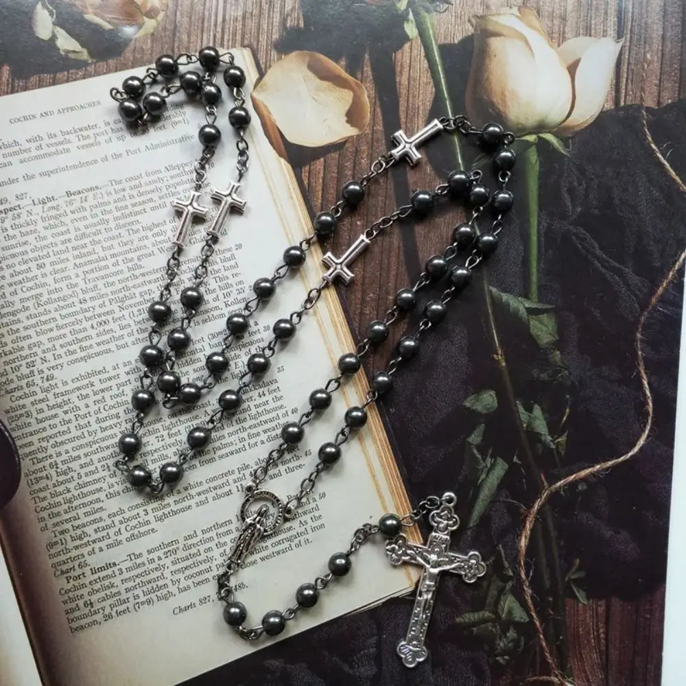 Volcanic Stone Black Rosary Necklace – Cross Crucifix Pendant Rosary Necklace PLUSH