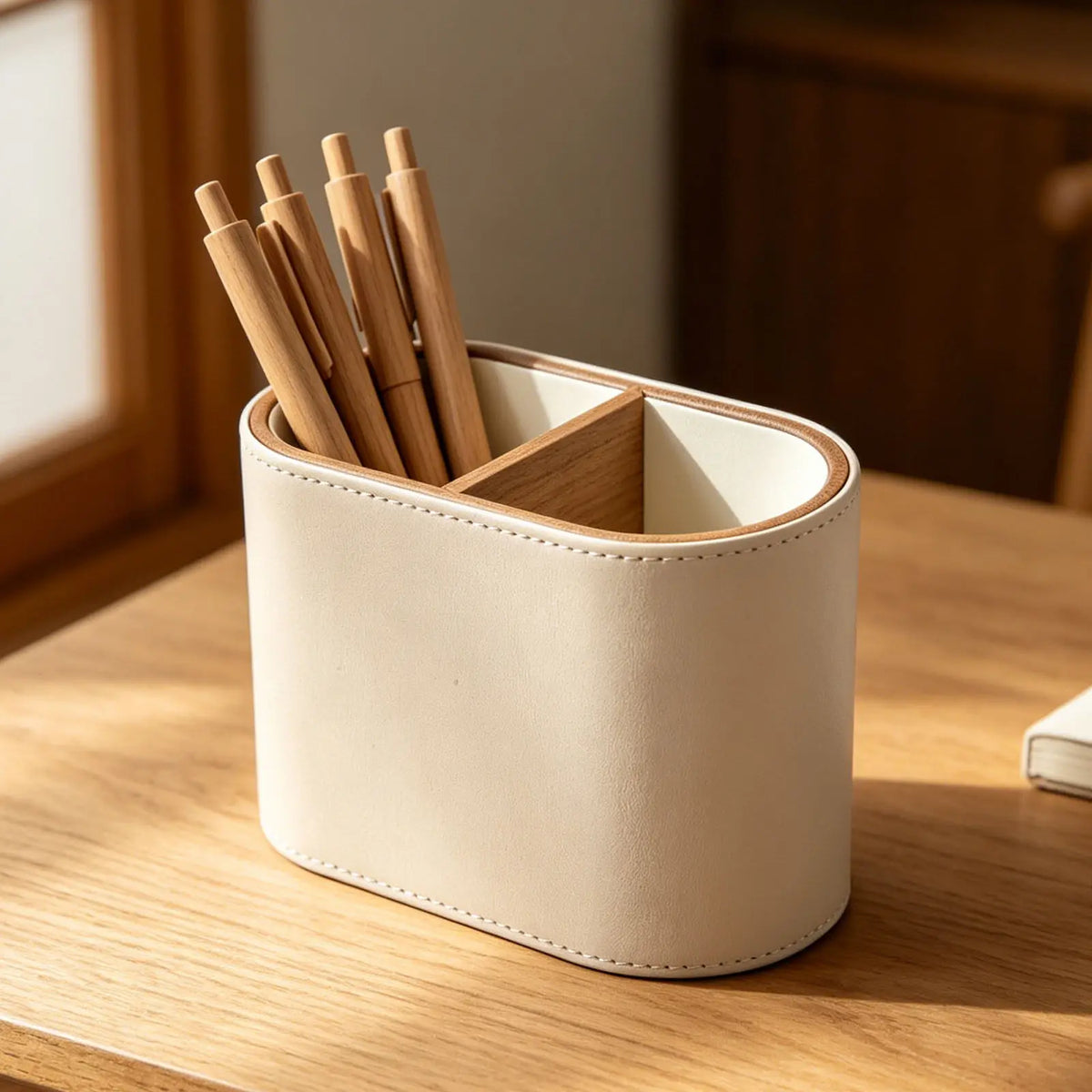 PU Desktop Pen Organizer 2-Compartment Caddy & Brush Holder Desktop Organizer PLUSH