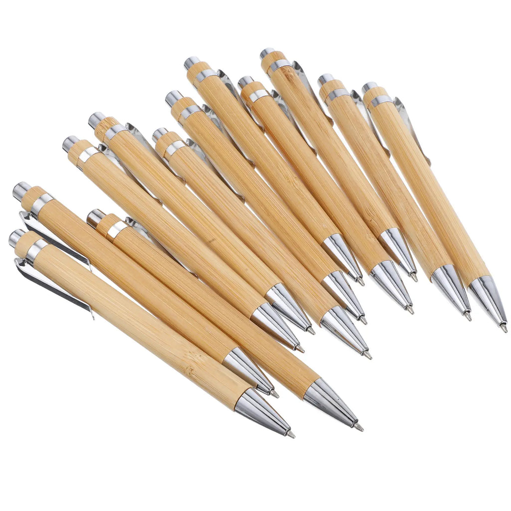 12pcs Bamboo Retractable Ballpoint Pens – Smooth Black Ink Set Ballpoint Pen Set PLUSH