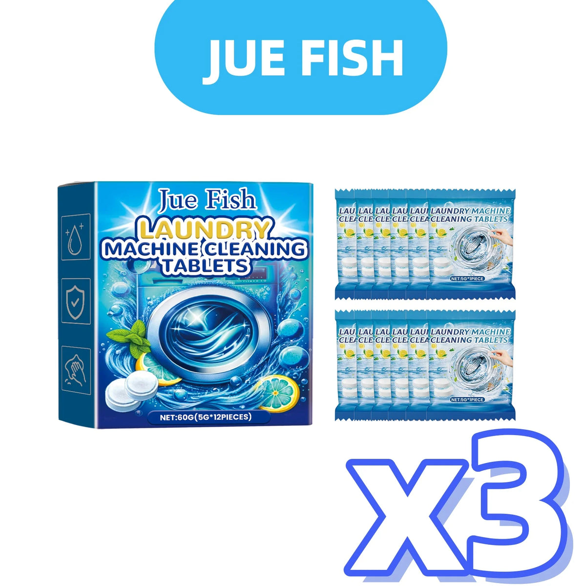 12pcs Washing Machine Cleaning Effervescent Tablets | Jue-Fish Washer Cleaning Tablets PLUSH 12pcs in boxed x 3