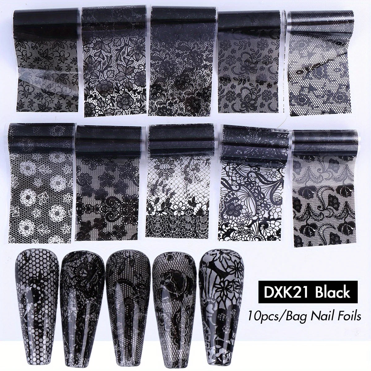 Black White Lace Floral Nail Transfer Foils 10/20pcs Nail Transfer Foils PLUSH DXK21 Black
