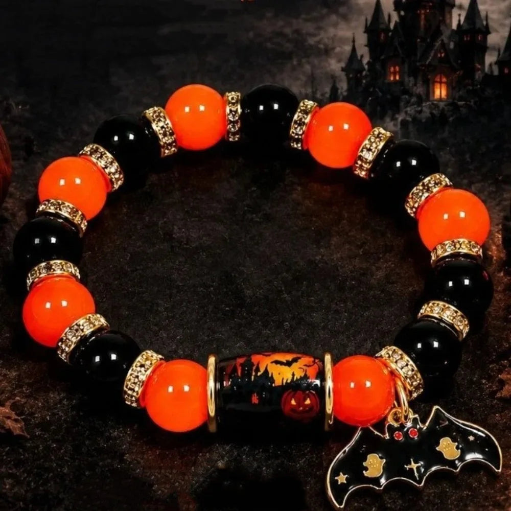 Halloween Crystal Beaded Bracelet – Ghost & Pumpkin Pendant Beaded Bracelet PLUSH Style 1
