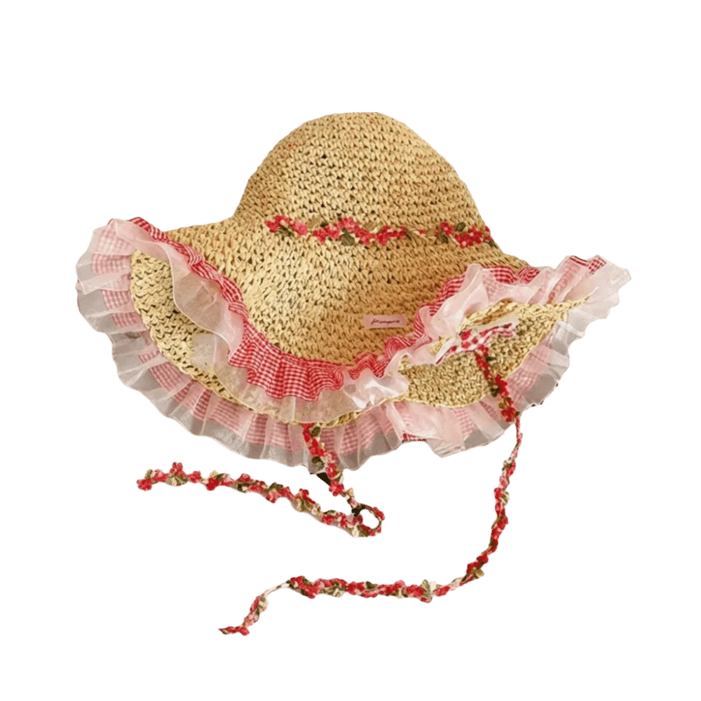Women's Large Brim Straw Hat – Floral Lace Trim Beach Sun Hat Women's Sun Hat PLUSH Style A