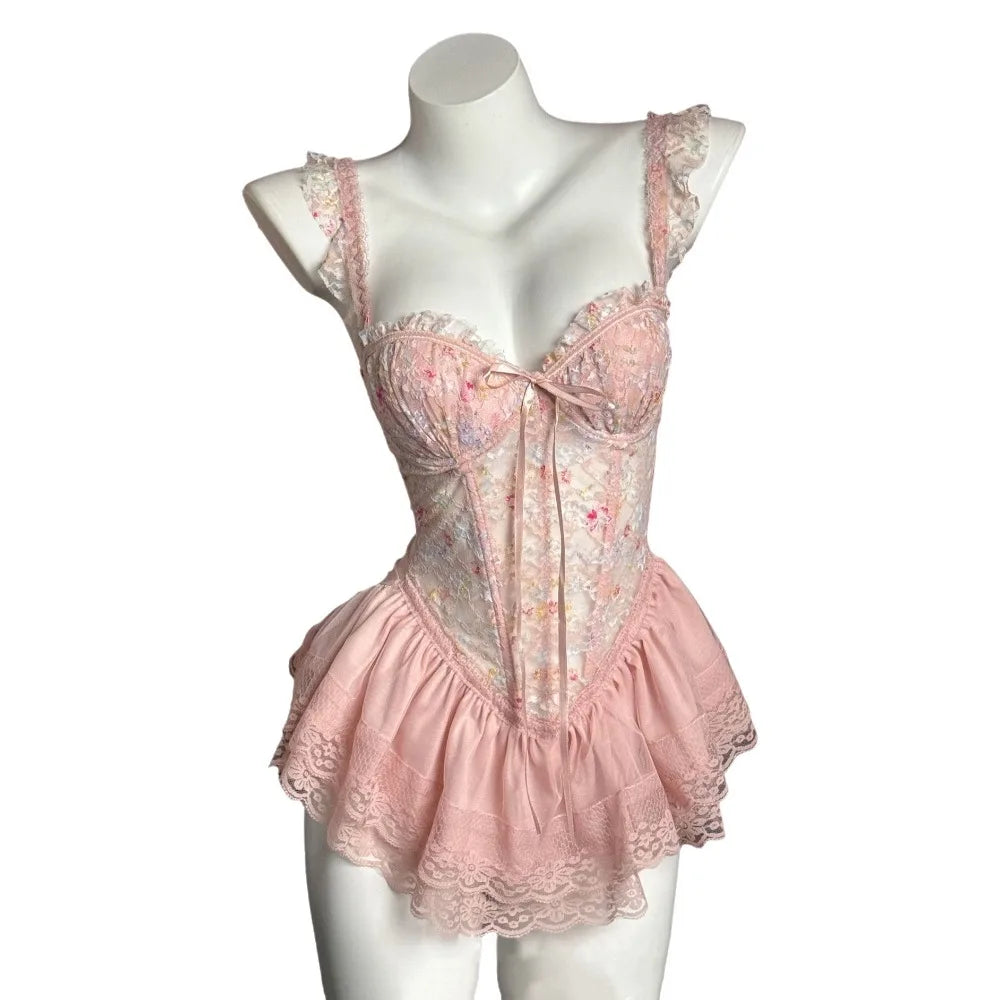 Lace Nightdress with Chest Pad – Sleeveless Women's Nightgown Lace Nightgown PLUSH Pink L