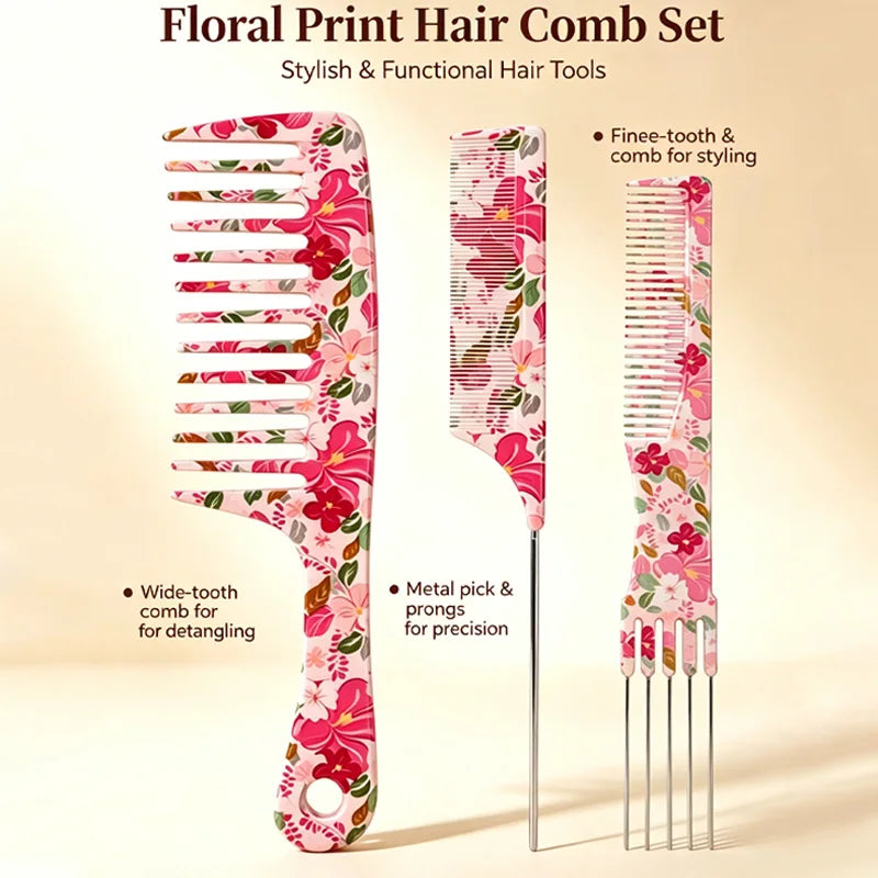 3-Piece Floral Hair Comb Set – Wide Tooth, Highlight & Tail Hair Comb Set PLUSH