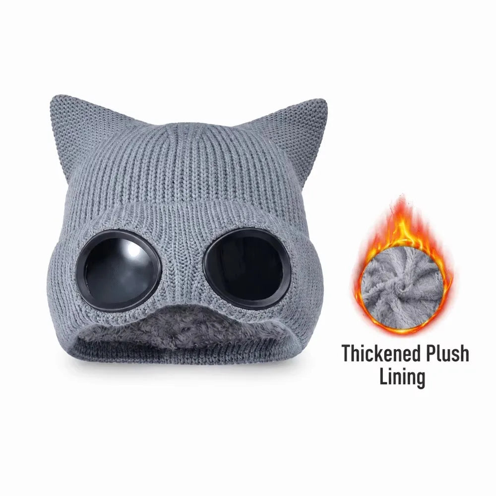 Women's Windproof Knit Ski Mask Hat with Removable Glasses Knit Ski Mask Hat PLUSH Grey