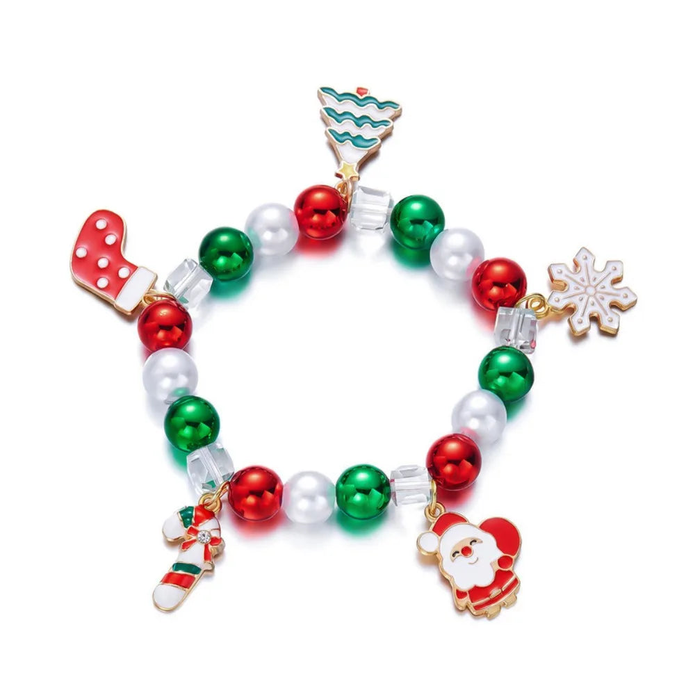 Christmas Beaded Bracelet – Red Green Faux Pearl & Crystal Bangle Beaded Bracelet PLUSH Style 5