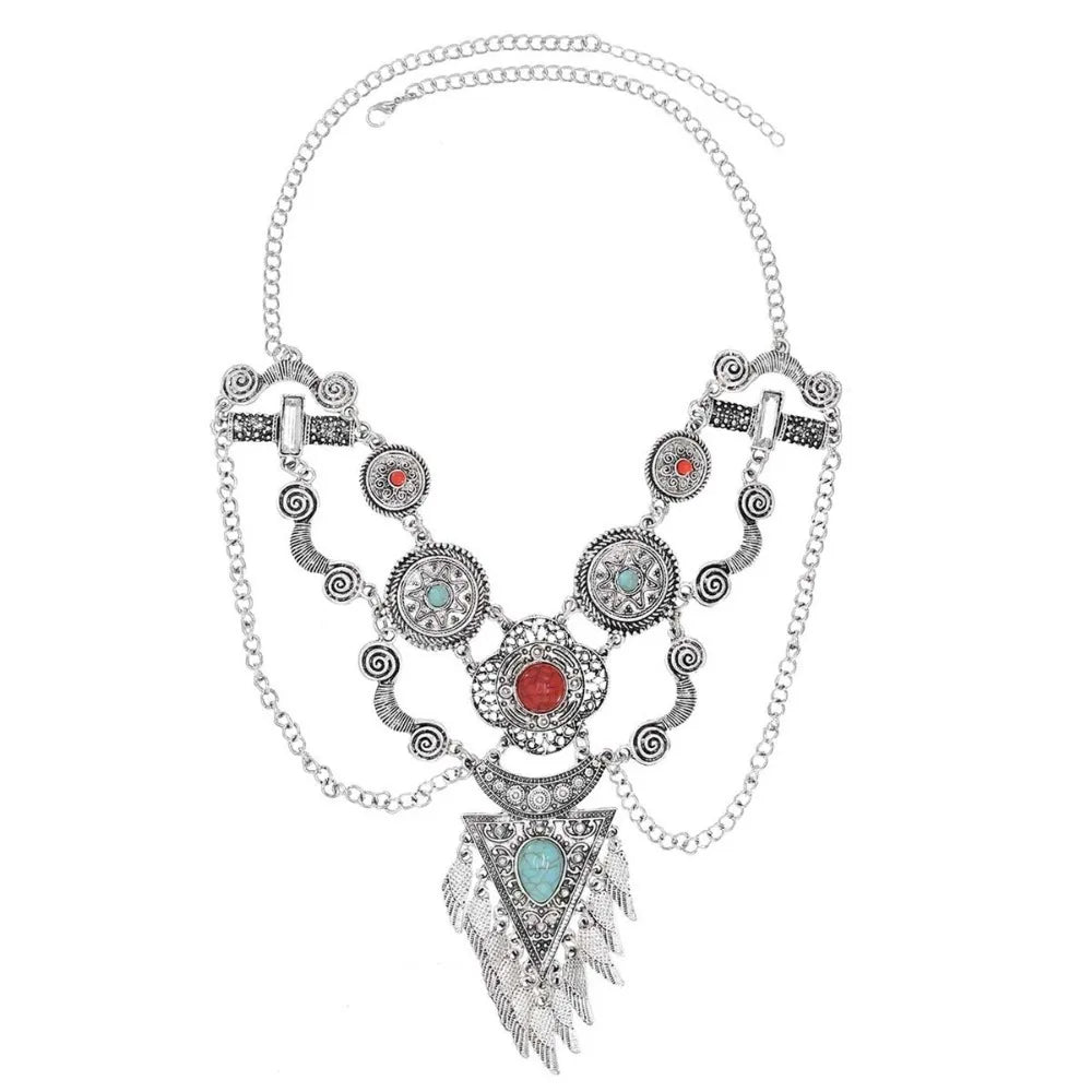 Vintage Bohemian Tassel Necklace – Ethnic Stone & Tibetan Beads Pendant Tassel Necklace PLUSH Style D