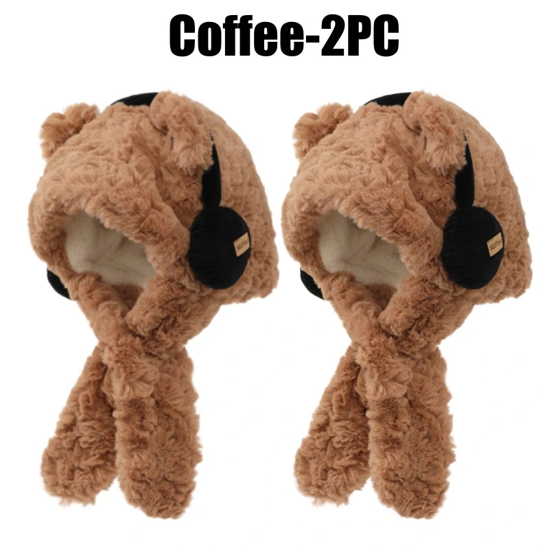Women's Bear Ear Hat & Scarf Set – Fleece Lined Winter Hood Winter Hat Scarf Set PLUSH Coffee-2PC
