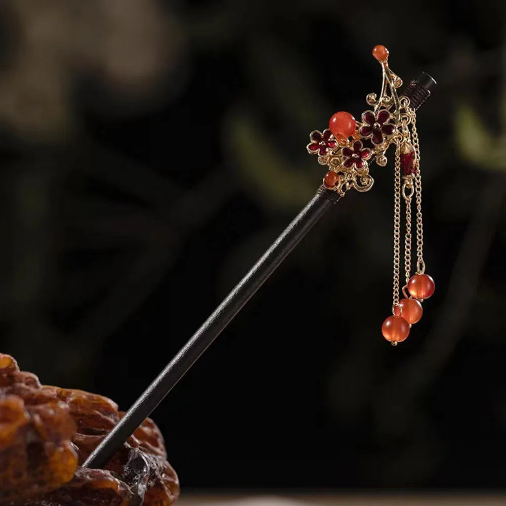 Wooden Chinese Hair Stick Vintage Flower Tassel Hairpin Fork Hair Stick Hairpin PLUSH Style 6