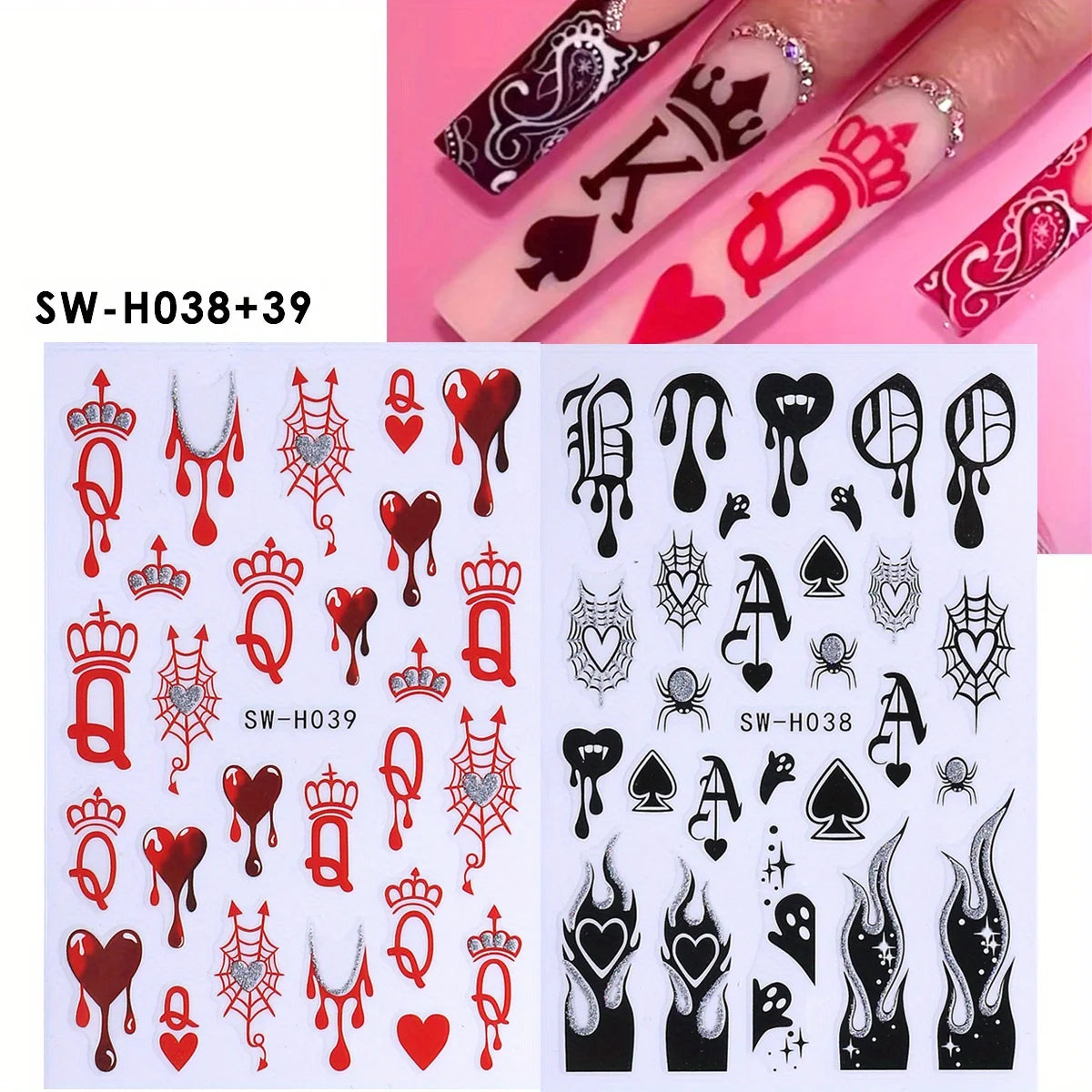 Poker Nail Glitter Stickers – Gothic Queen King Spider Web Decals Nail Art Stickers PLUSH SW-H038-39