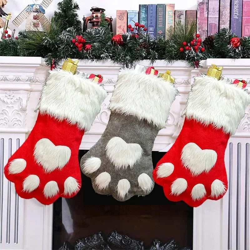 Dog Paw Christmas Stockings – Fuzzy Red Velvet Holiday Set Christmas Stocking Set PLUSH