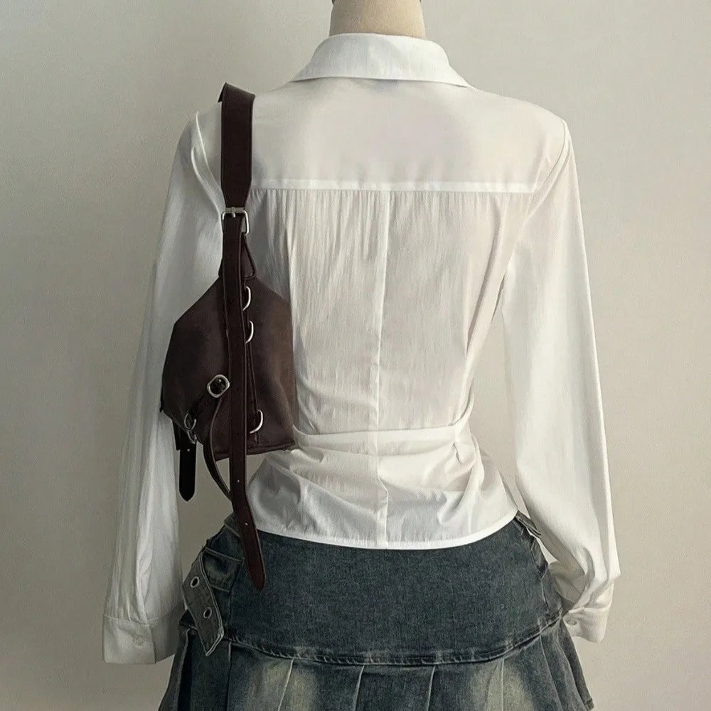 Women's Y2K V-Neck Tie-Waist Chiffon Blouse | Slim Fit Top Chiffon Blouse PLUSH