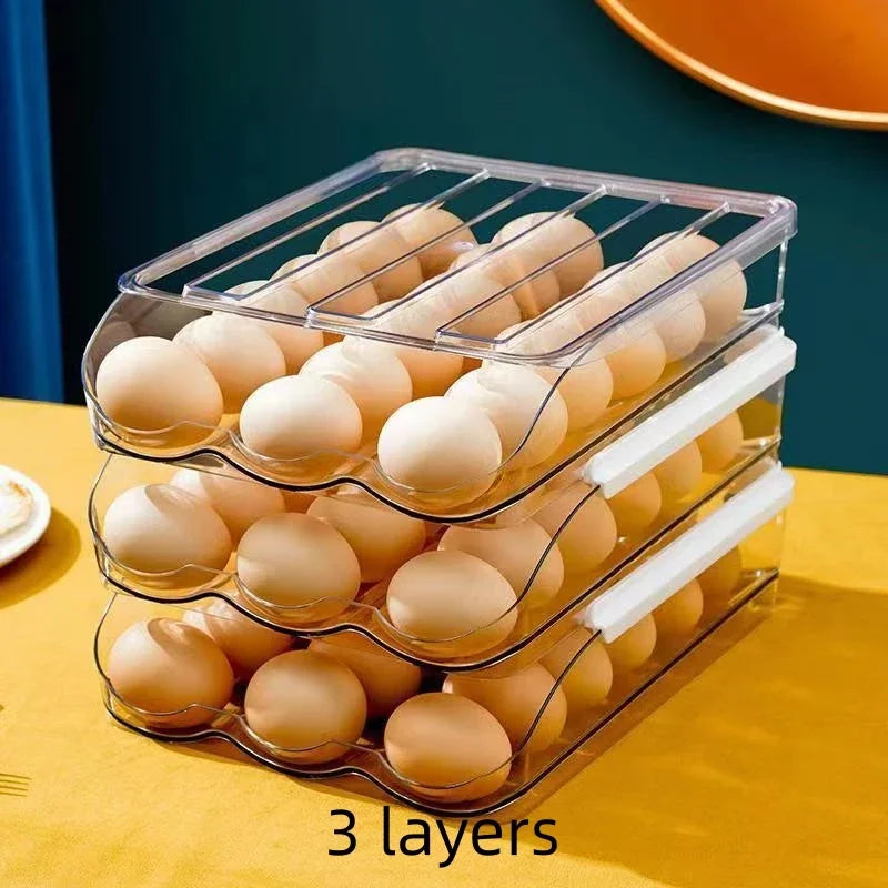 Automatic Slide Egg Organizer – 54-Egg Fridge Storage Box Egg Storage Organizer PLUSH Transparent 3 layers