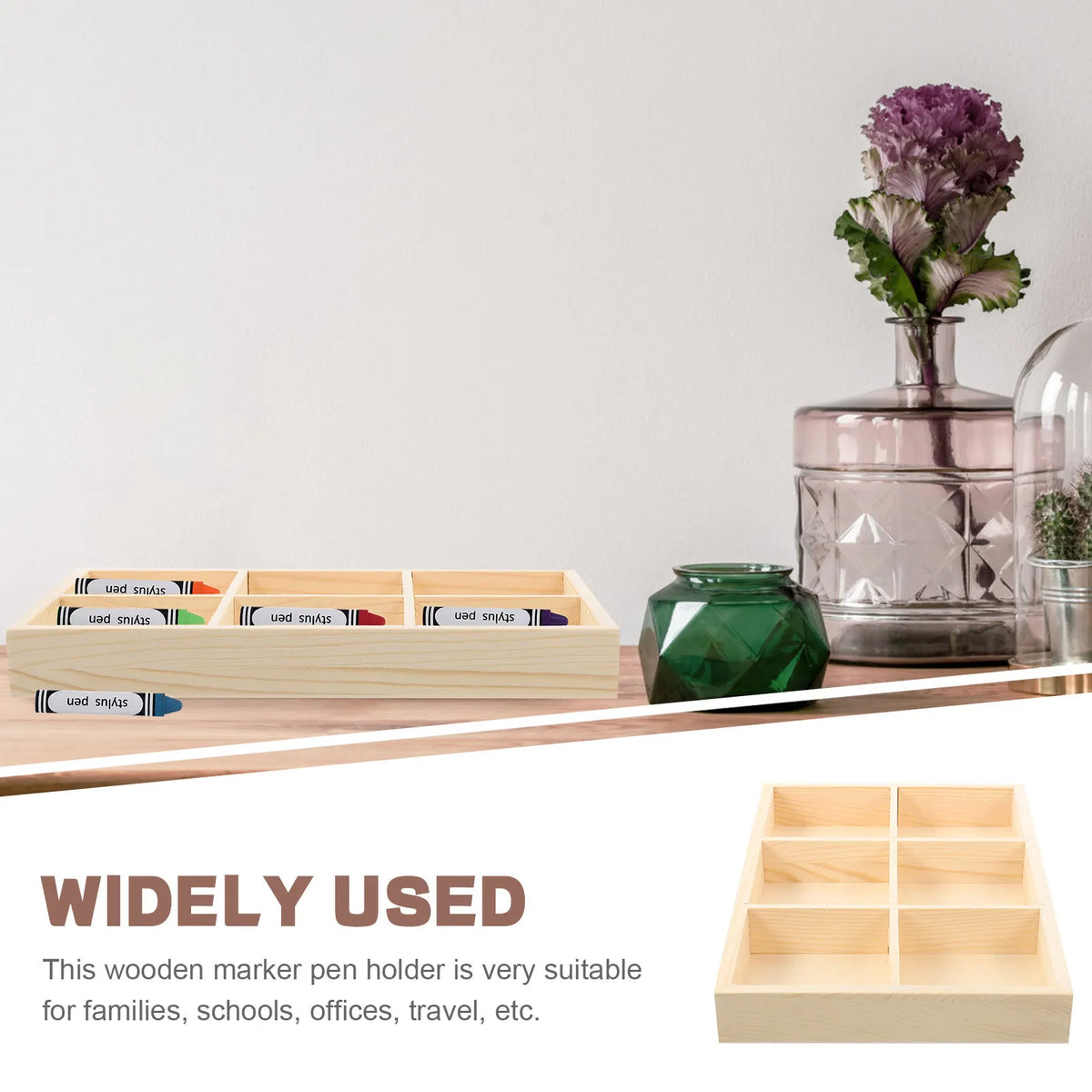 Wooden Multi-Slot Crayon & Pen Desk Organizer | Storage Tray Desk Pen Organizer PLUSH