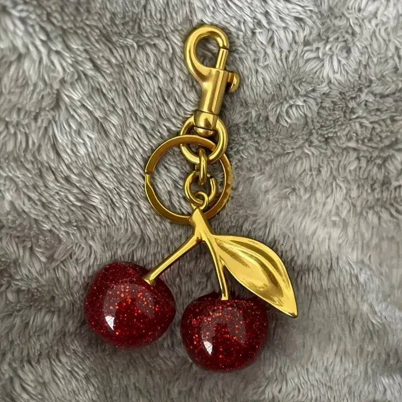 Golden Cherry Keychain Charm – Resin & Metal Bag Accessory Keychain Charm PLUSH