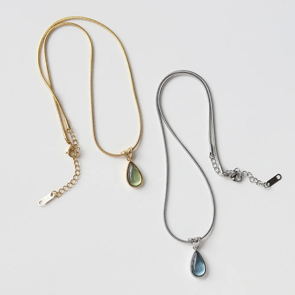 Olive Green Drop Pendant Necklace – Snake Chain Vintage Style Pendant Necklace PLUSH