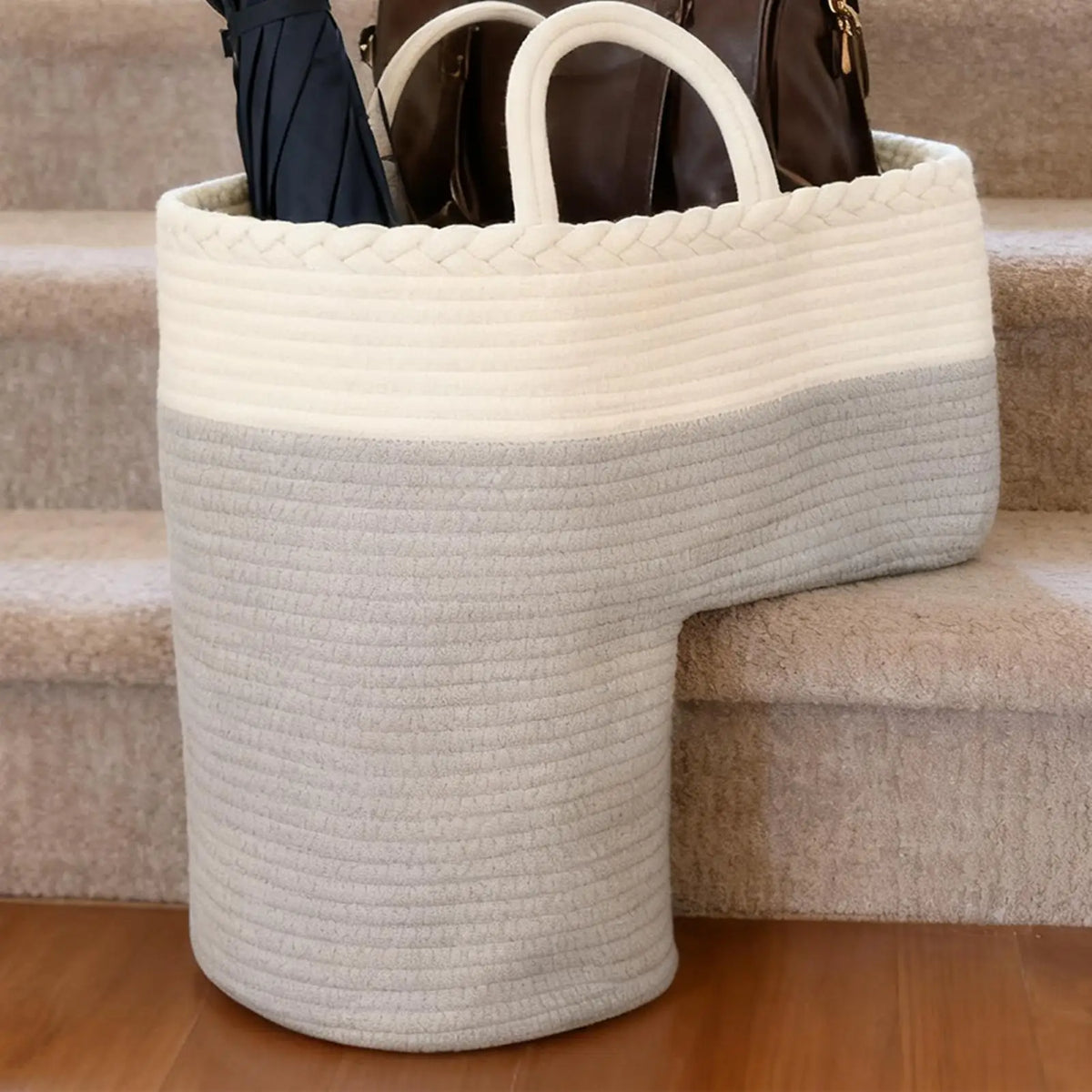 Stair Step Storage Basket – L-Shaped Bamboo & Cotton Organizer Stair Storage Basket PLUSH