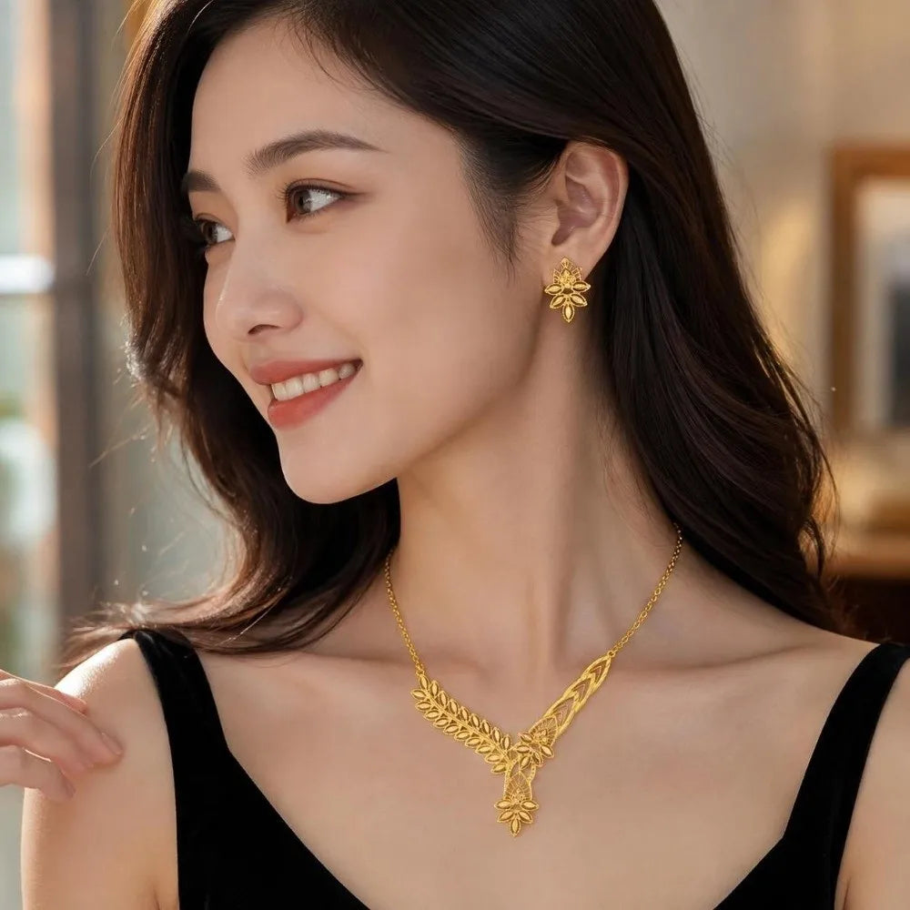 Vintage Gold Flower Jewelry Set – Necklace & Stud Earrings Jewelry Set PLUSH