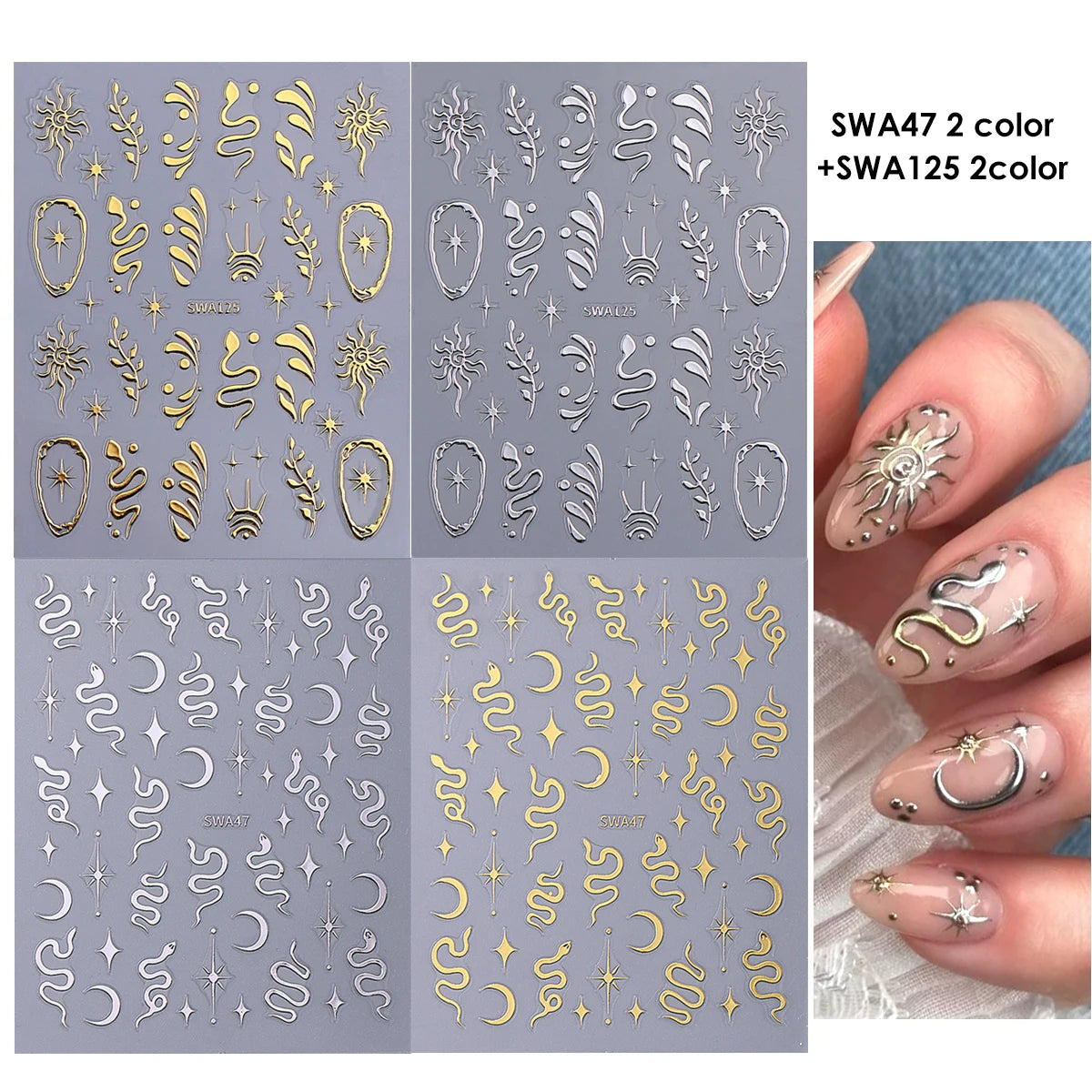 Gothic Nail Stickers Black Gold Y2K Angel Star – 4 Sheets Nail Art Stickers PLUSH SWA47 2color SWA125