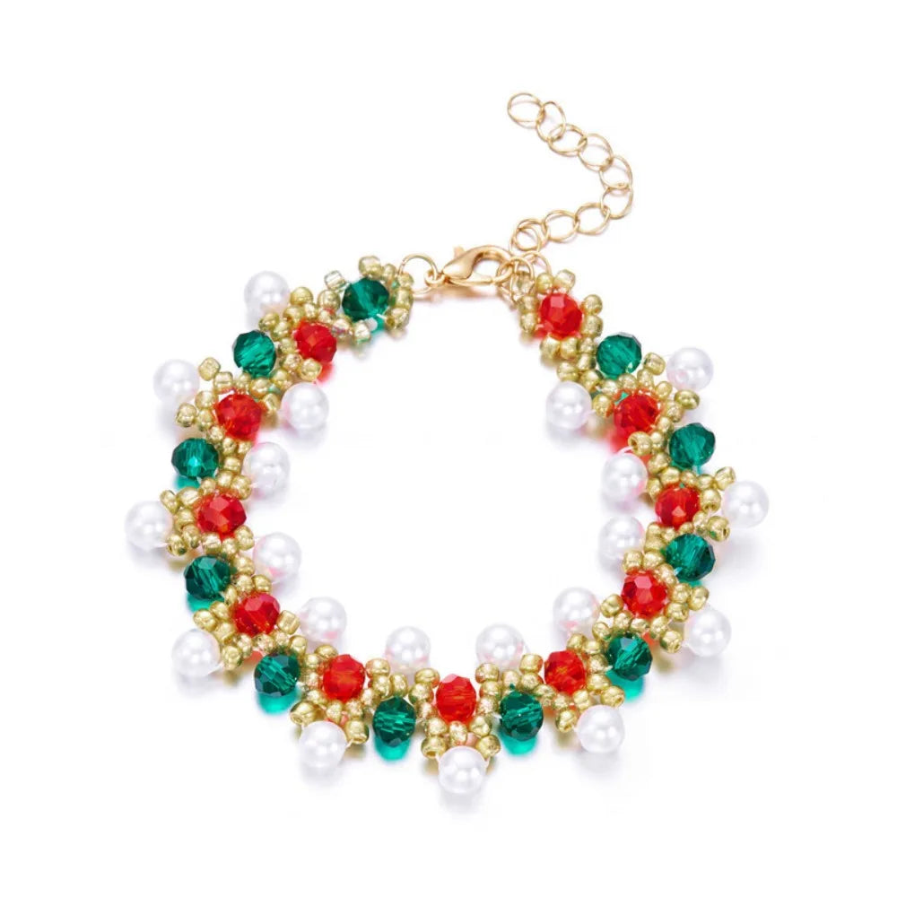 Christmas Beaded Bracelet – Red Green Faux Pearl & Crystal Bangle Beaded Bracelet PLUSH Style 1