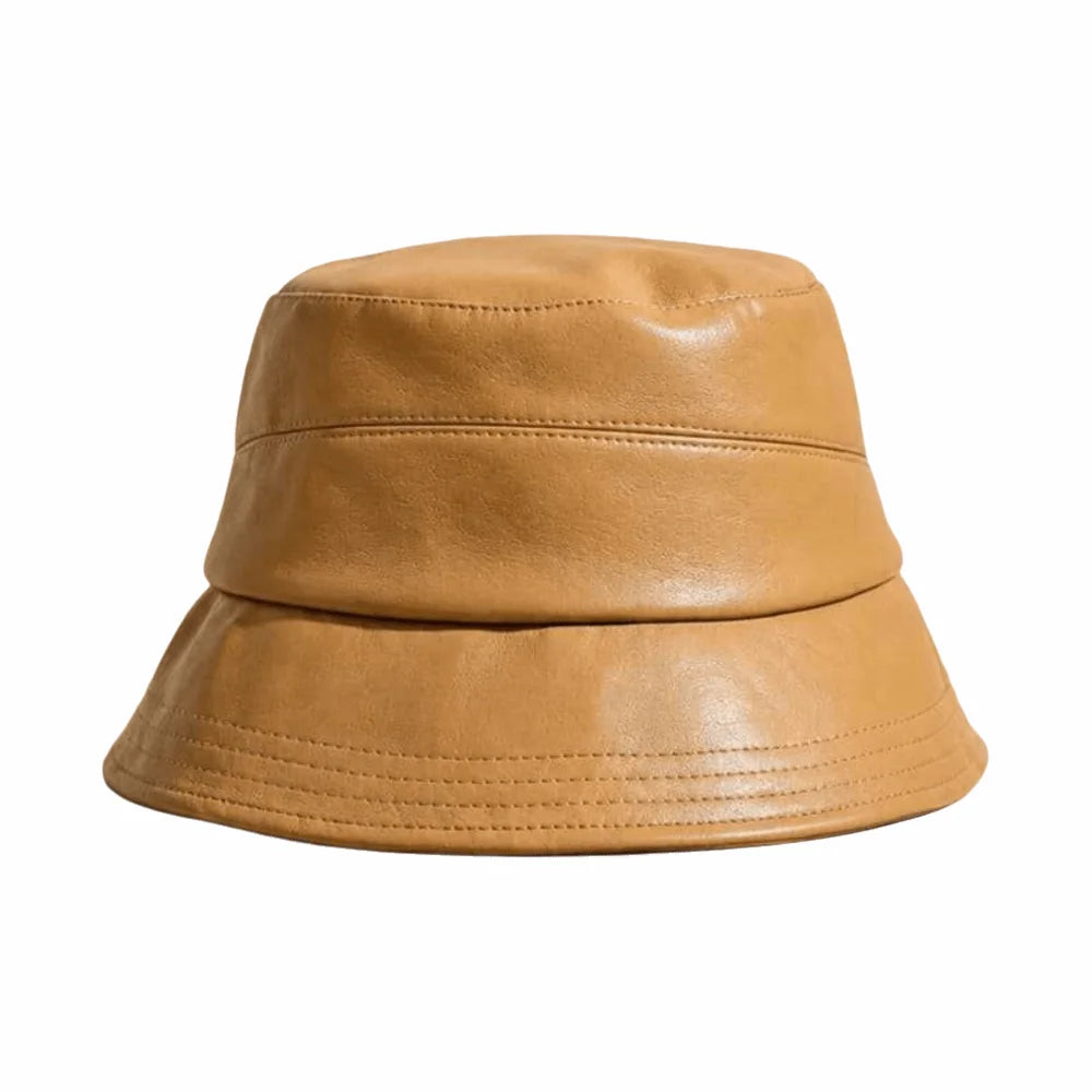 Women's PU Leather Wide Brim Bucket Hat – Packable Sun Hat Bucket Hat PLUSH Khaki