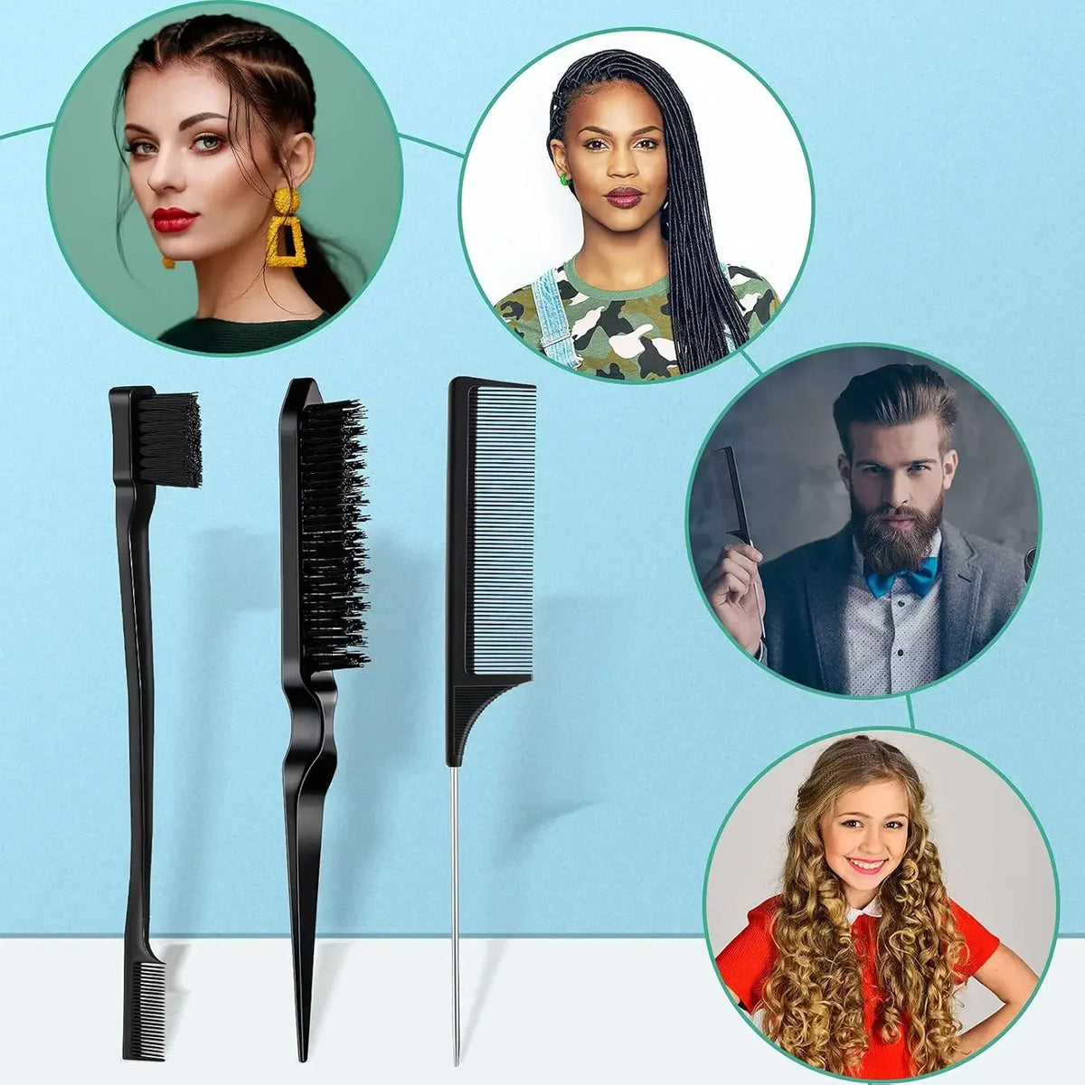 5-Piece Hair Styling Set – Curl Brush, Rat Tail & Edge Comb Hair Styling Set PLUSH