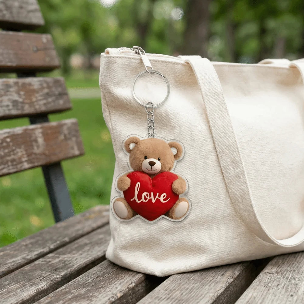 Cute Bear Acrylic Keychain | 2D Heart Bear Bag Charm Pendant Novelty Keychain Charm PLUSH