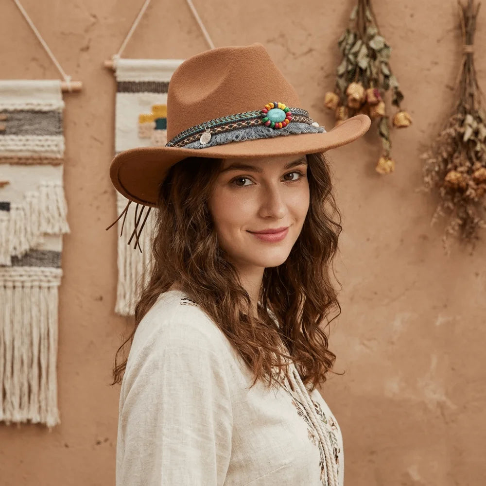Wide Brim Western Cowboy Hat with Tassels – Unisex Cosplay Western Cowboy Hat PLUSH