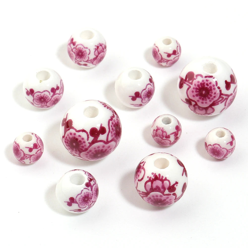 Hot Pink Plum Blossom Ceramic Beads – DIY Jewelry 6–12mm Ceramic Spacer Beads PLUSH