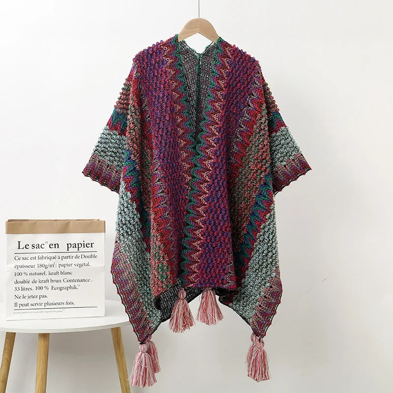 Women's Colorful Knit Poncho Cape Tassel Ethnic Shawl Cardigan Knit Poncho Cape PLUSH