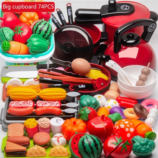 Kids Kitchen Pretend Play Toy Set – Cutting Fruit & Cooking Pretend Play Kitchen Set PLUSH 74PCS