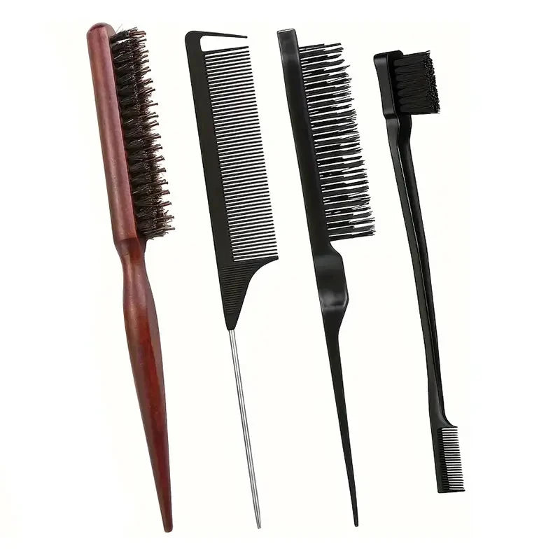 Wild Boar Bristle Hair Brush & Comb Set – Edge Control Styling Hair Brush Set PLUSH 4pcs-2