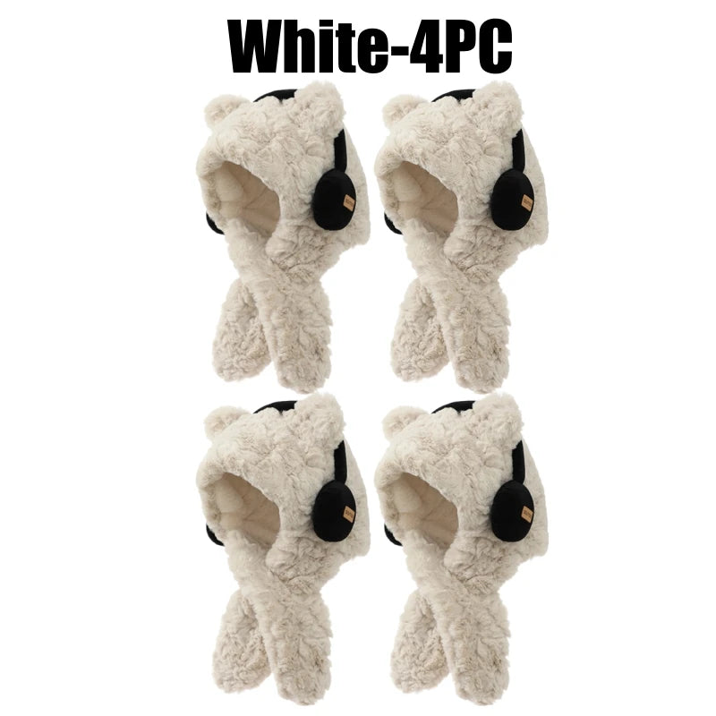 Women's Bear Ear Hat & Scarf Set – Fleece Lined Winter Hood Winter Hat Scarf Set PLUSH White-4PC