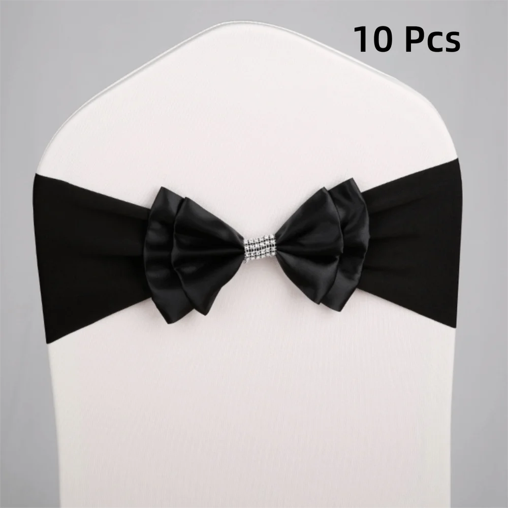 10pcs Satin Bow Chair Sashes – Elastic Spandex, No-Tie Chair Sash Bows PLUSH Black