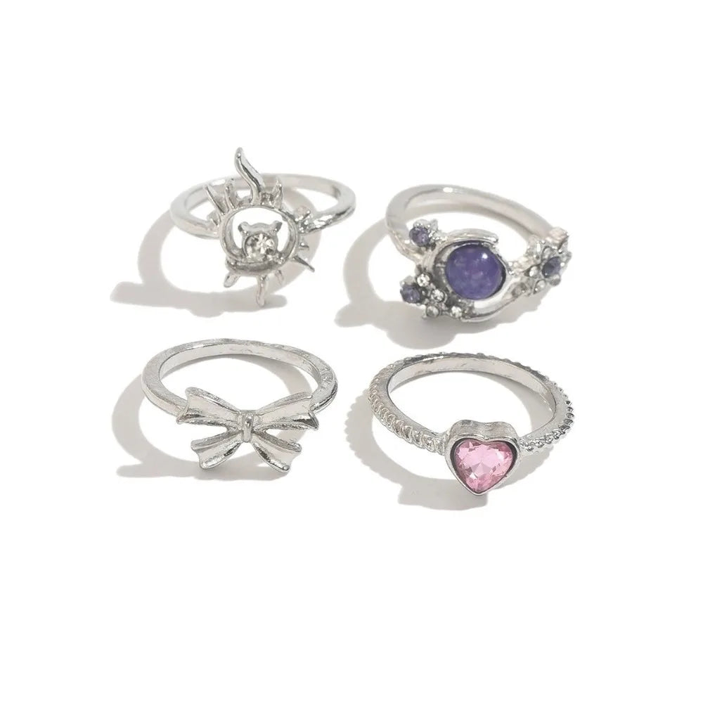 Vintage Gold Sun Moon Stackable Ring Set – 4pcs Purple Gem Stackable Ring Set PLUSH Bow-Heart-Silver