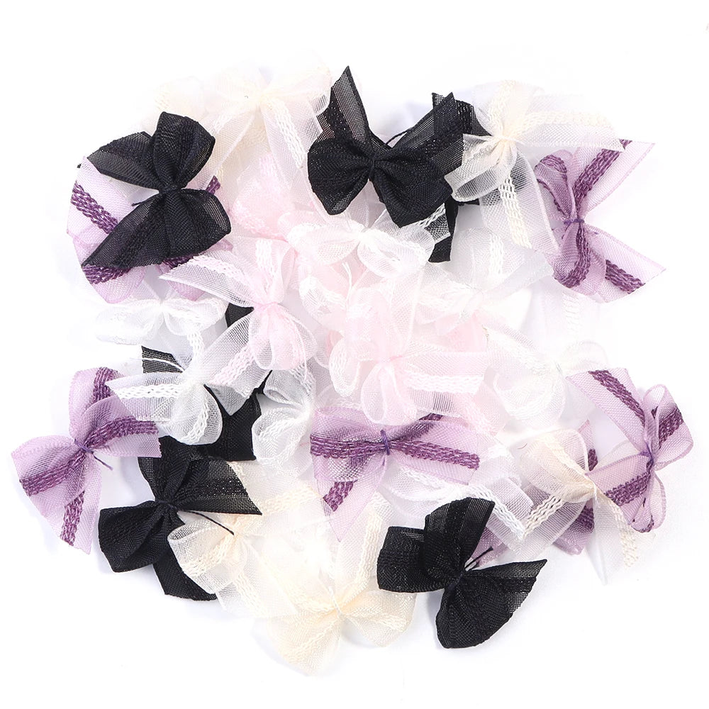 30pcs Mini Mesh Ribbon Bows – Multicolor Lace Bowknot DIY Ribbon Bow Embellishments PLUSH Mixed 2.5X2.5cm