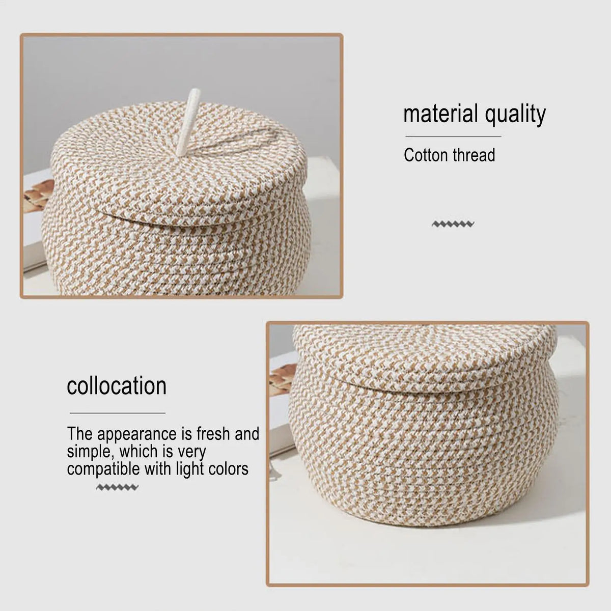 White Woven Cotton Rope Storage Basket with Lid | 21x21cm Woven Storage Basket PLUSH