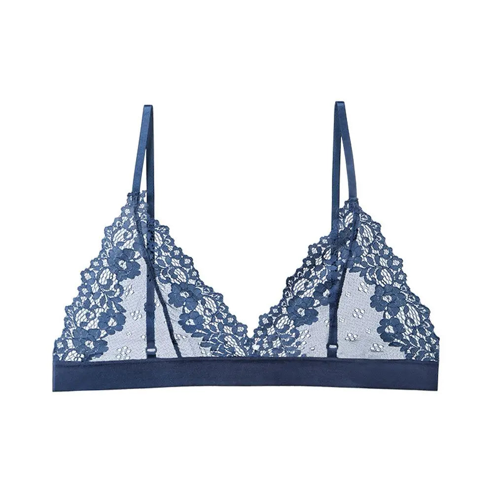 Women's Wire-Free Floral Lace Bralette – Triangle Cup Bra Lace Bralette PLUSH blue-L