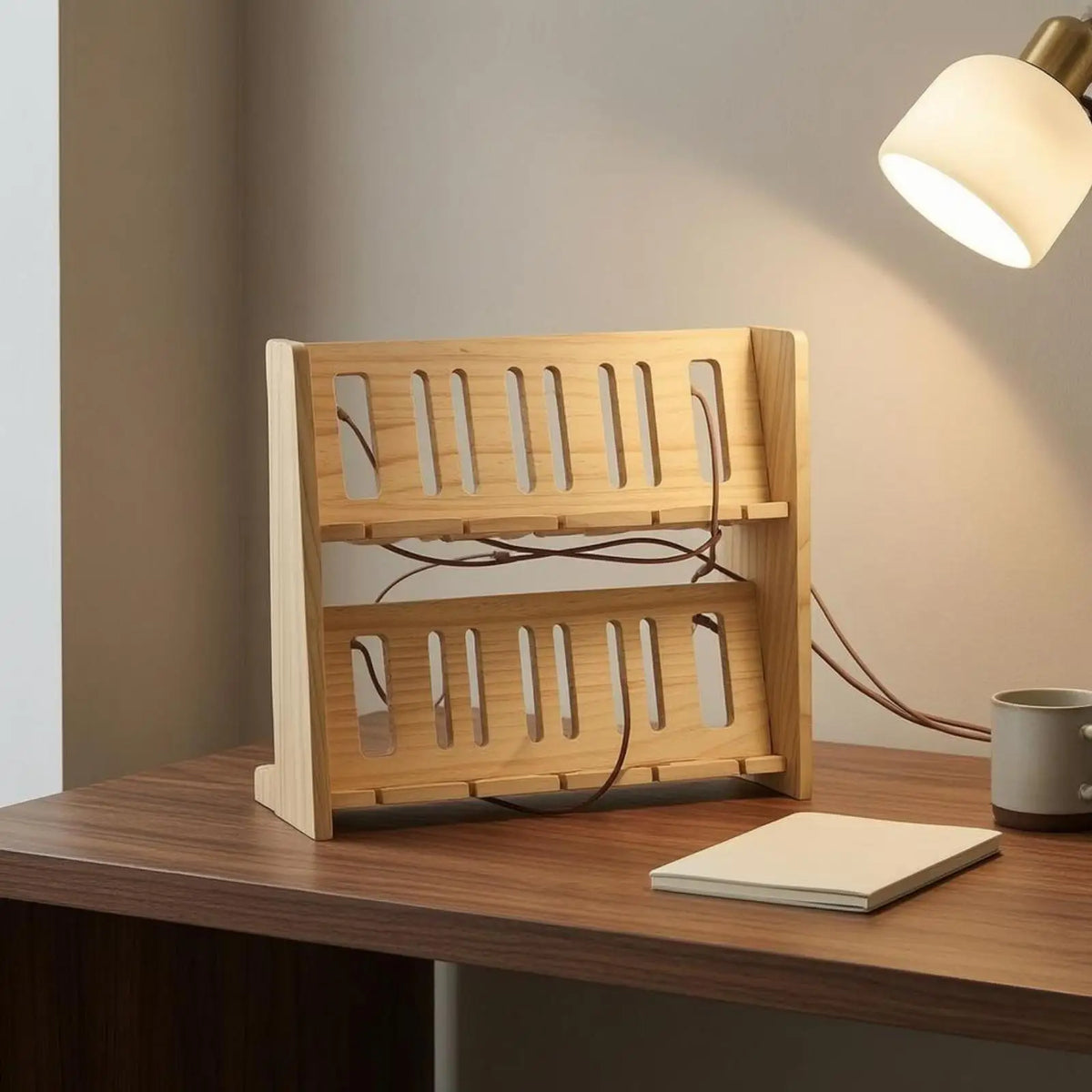 Solid Wood Dual Slot Phone Stand – Multi-Layer Desk Organizer Wood Phone Stand PLUSH