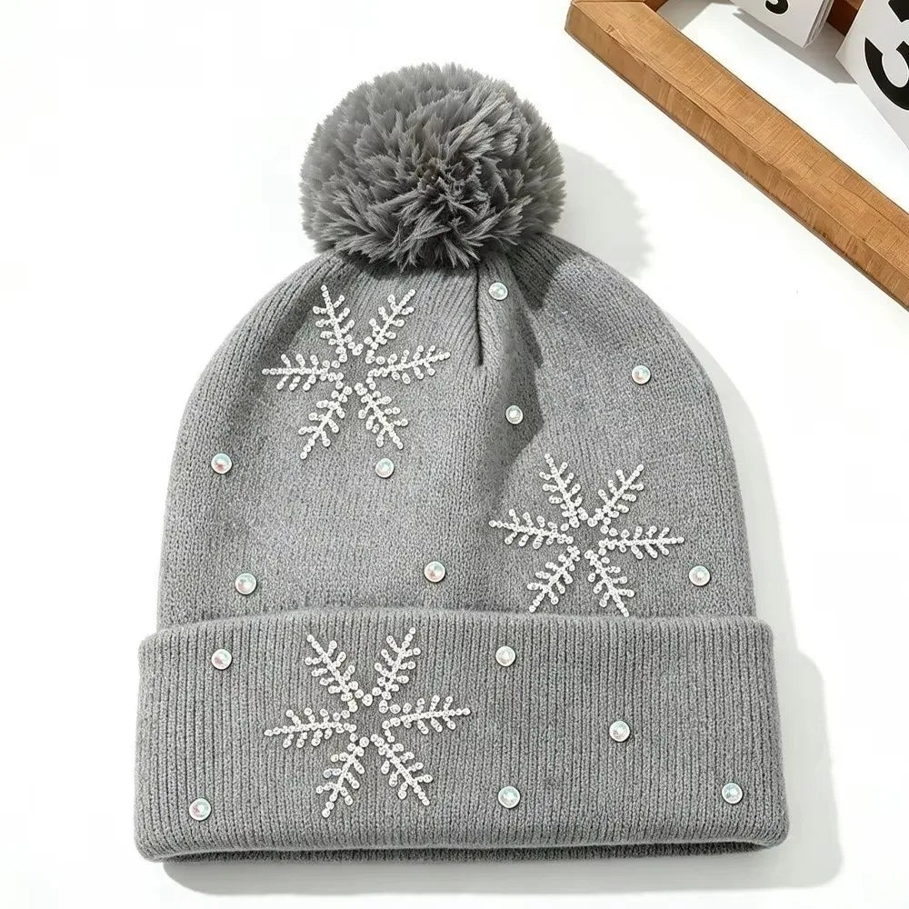 Women's Rhinestone Snowflake Knit Beanie – Warm Winter Hat Winter Knit Beanie PLUSH