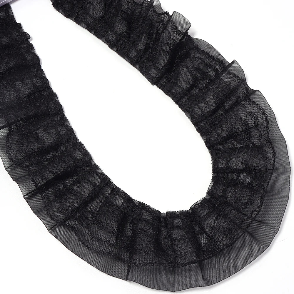 2 Yards 5cm Double Layer Chiffon Lace Ruffled Trim | DIY Sewing Lace Ruffled Trim PLUSH Black 5cm 2yards