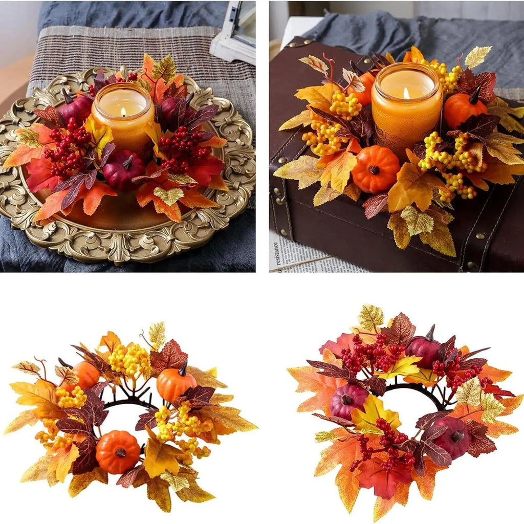 Fall Candle Ring Wreath – Maple Leaves, Pumpkins & Berries Candle Ring Wreath PLUSH